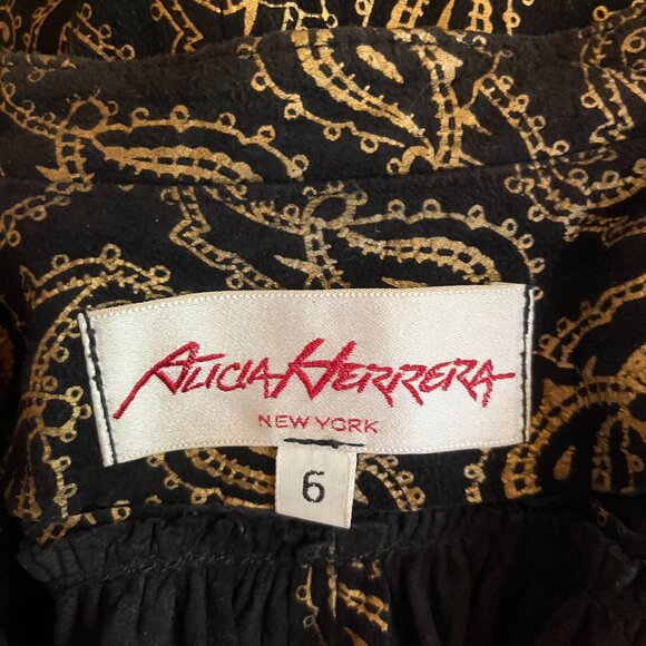 Vintage Alicia Herrerra Size 6 Button-Front Black Gold Paisley Shirt Nubuck - Picture 2 of 11